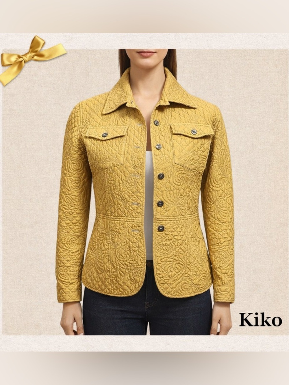 Kiko Silk Quilted Jacket Floral Stitch Gold Lightweight Size S - Picture 1 of 9